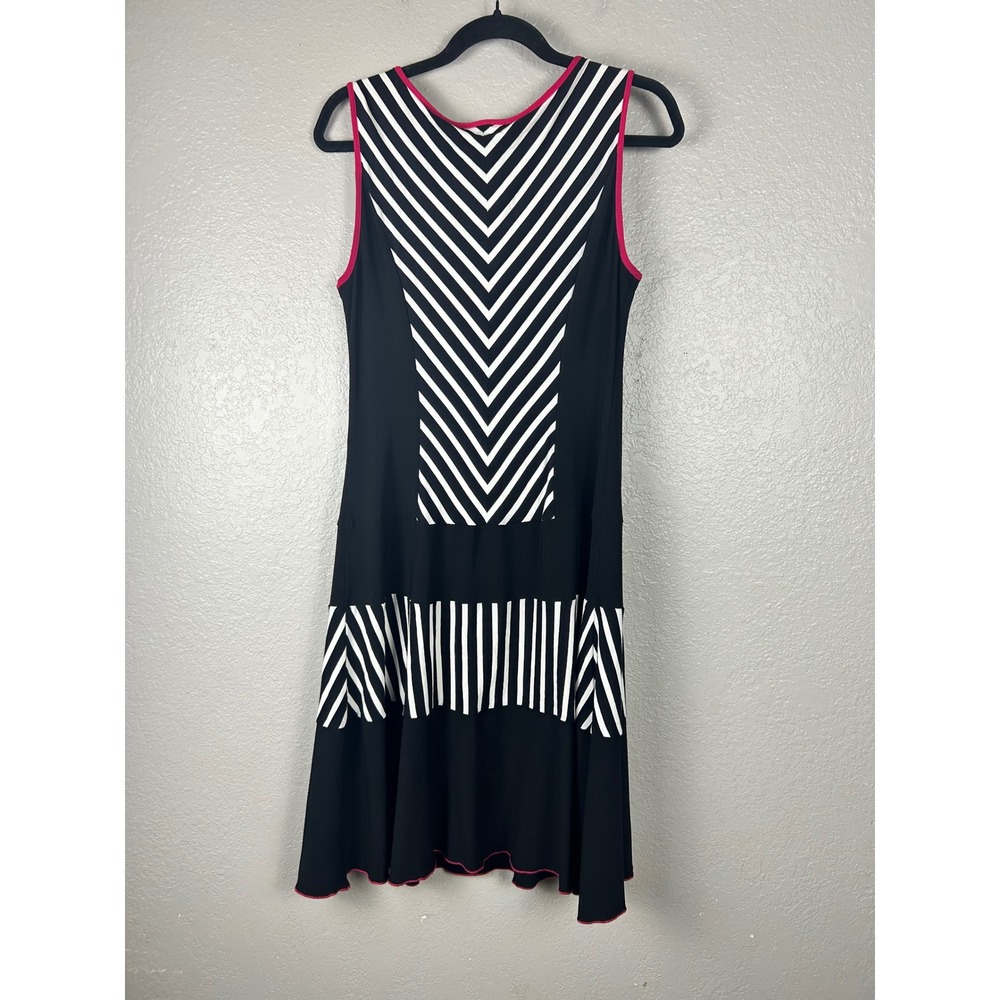 Joseph Ribkoff Black White Striped Sleeveless Dress Pink Trim Size 10 Chevron - Picture 2 of 4
